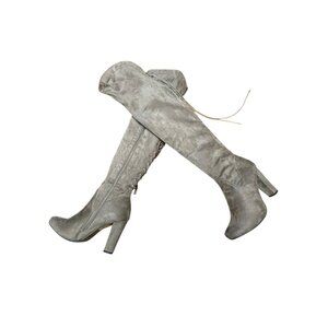 Top Moda Size 7.5 Cream Faux Suede Over-The-Knee Boots  Lace-Up Back & Side Zip